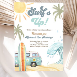 1 Editable Surfs Up Birthday Party Invitation Retro Surfboard Beach Party Wave Surfer The Big One Invite Download Template Corjl Digital 0433 1