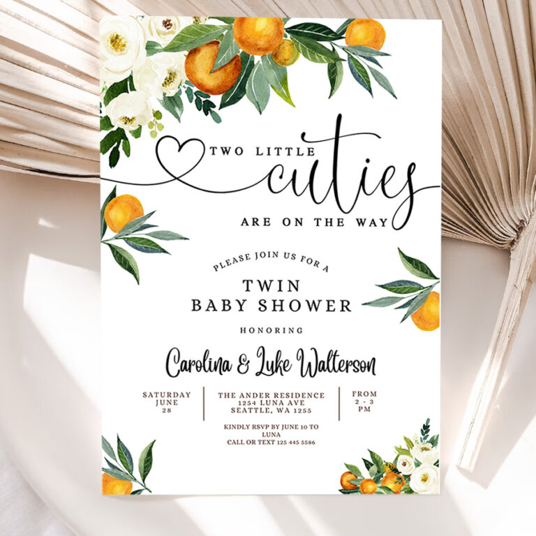 1 Editable TWINS Two Little Cuties are on the Way Greenery Orange Gender Neutral Baby Shower Invitation Template 1