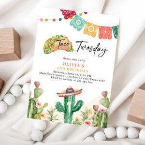 1 Editable Taco Twosday Fiesta Birthday Invitation Second Birthday 2nd Cactus Mexican Tacos Girl Cactus Download Corjl Template Printable 0404 1