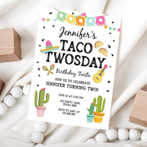 1 Editable Taco Twosday Invitation Mexican Twosday Birthday Fiesta 2nd Birthday Girl Pink Mint Download Printable Invite Template Corjl 0161 1