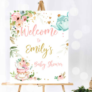 1 Editable Tea Baby Shower Welcome Sign Baby is Brewing Floral Pink Gold Whimsical Girl Shower Garden Party Template PRINTABLE Corjl 0349 1