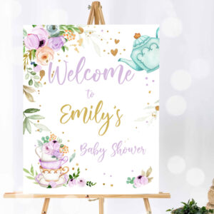 1 Editable Tea Baby Shower Welcome Sign Baby is Brewing Floral Purple Gold Whimsical Neutral Shower Garden Party Template PRINTABLE Corjl 0349 1