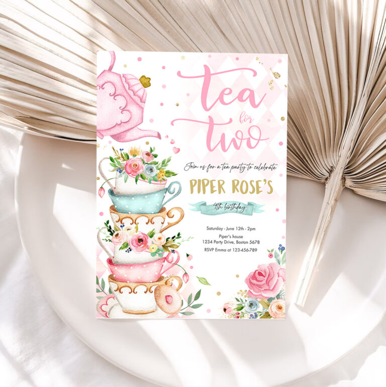 1 Editable Tea For Two Birthday Invitation Tea For Two 2nd Birthday Party Pink Gold Floral Whimsical Tea Party