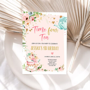 1 Editable Tea Party Birthday Invitation Four Par Tea Birthday Invite Pink Gold Floral 4th Download Printable Template Corjl Digital 0349 1