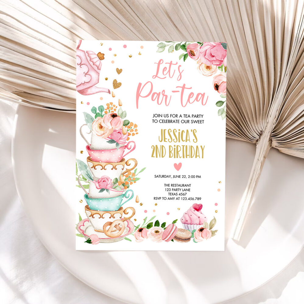 1 Editable Tea Party Birthday Invitation Girl Par Tea Invite Floral Pink Gold Whimsical Tea Download Printable Template Corjl Digital 0349 1