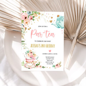1 Editable Tea Party Birthday Invitation Par Tea Birthday Invite Pink and Gold Floral Whimsical Download Printable Template Corjl Digital 0349 1