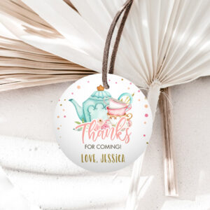 1 Editable Tea Party Favor Tag Sticker Baby Shower Baby is Brewing Floral Pink Gold Whimsical Girl Square Round Template Corjl Printable 0349 1