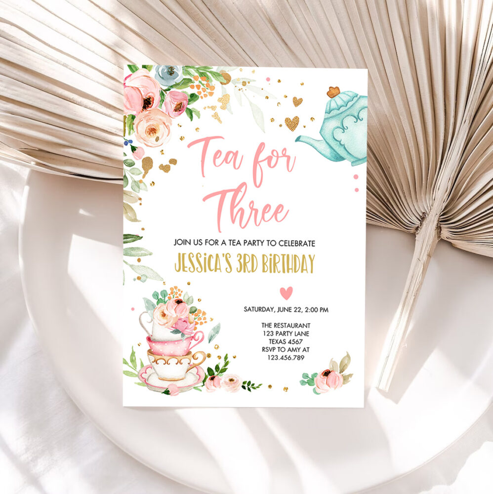 1 Editable Tea for Three Birthday Invitation Girl Tea Party Invite Pink Gold Floral 3rd Birthday Par tea Download Printable Corjl 0349 1