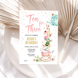 1 Editable Tea for Three Birthday Party Invitation Girl Tea Party Invite Pink Gold Floral 3rd Third Birthday Par tea Corjl Template Printable 0349 1