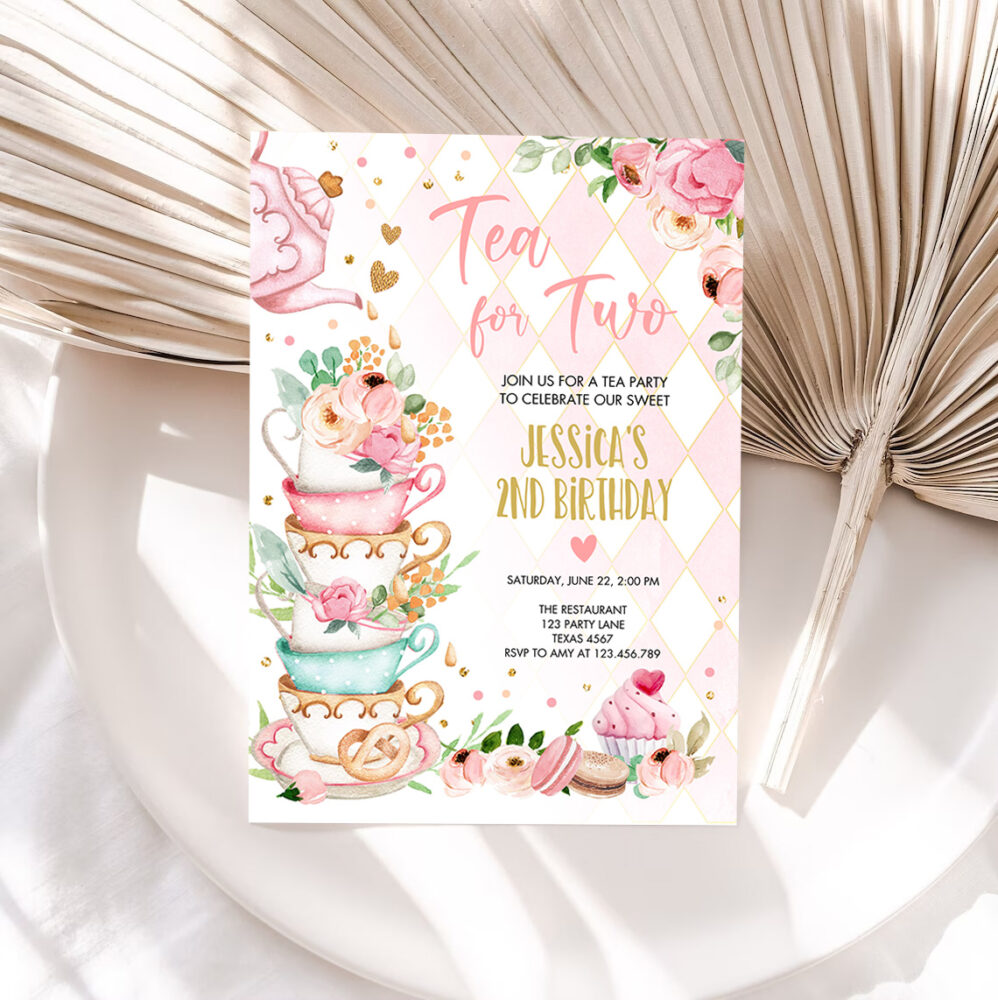 1 Editable Tea for Two Birthday Invitation Girl Tea Party Invite Pink Gold Floral Peach Pink Download Printable Template Corjl Digital 0349 1
