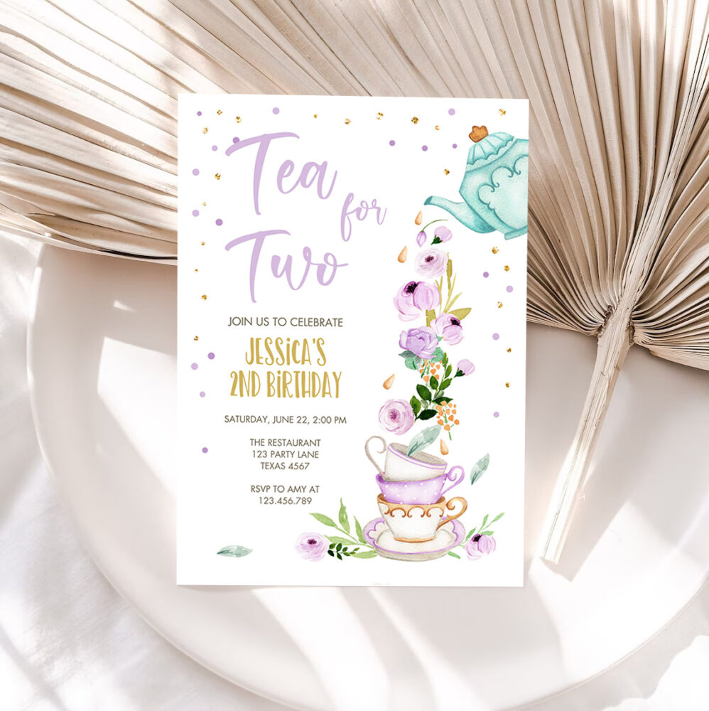 1 Editable Tea for Two Birthday Invitation Girl Tea Party Invite Pink Purple Floral Whimsical Download Printable Template Corjl Digital 0349 1
