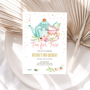 1 Editable Tea for Two Birthday Invite Girl Tea Party Invite Pink Gold Floral Peach Pink Download Printable Template Corjl Digital 0349 1
