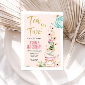 1 Editable Tea for Two Birthday Party Invitation Girl Tea Party Invite Pink Gold Floral Peach Pink Download Printable Template Corjl Digital 0349 1