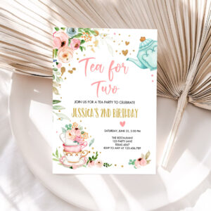 1 Editable Tea for Two Birthday Party Invite Girl Tea Party Invite Pink Gold Floral Peach Pink Download Printable Template Corjl Digital 0349 1