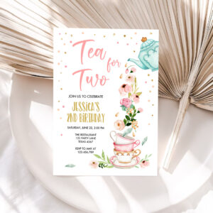 1 Editable Tea for Two Party Invitation Girl Tea Party Invite Pink Gold Floral Peach Pink Download Printable Template Corjl Digital 0349 1