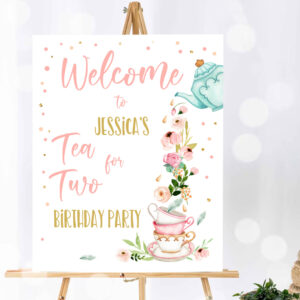1 Editable Tea for Two Party Welcome Sign Tea Birthday Welcome Floral Pink Peach Girl 2nd Birthday Garden Party Template PRINTABLE Corjl 0349 1