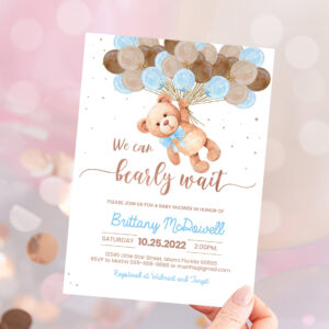 1 Editable Teddy Bear Baby Shower Invitation Bear Themed Baby Shower Party Invite Printable Bear with Balloons Invitations