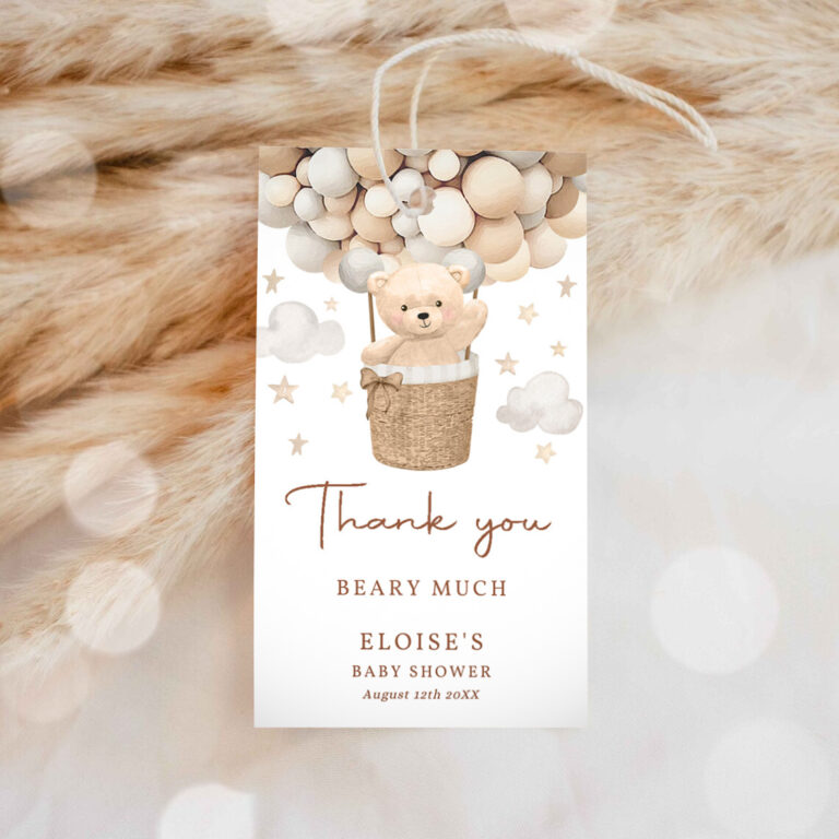 1 Editable Teddy Bear Hot Air Balloon Baby Shower Favor Tags Gender Neutral Teddy Bear Baby Shower We Can Bearly Wait Instant Download 6H 1