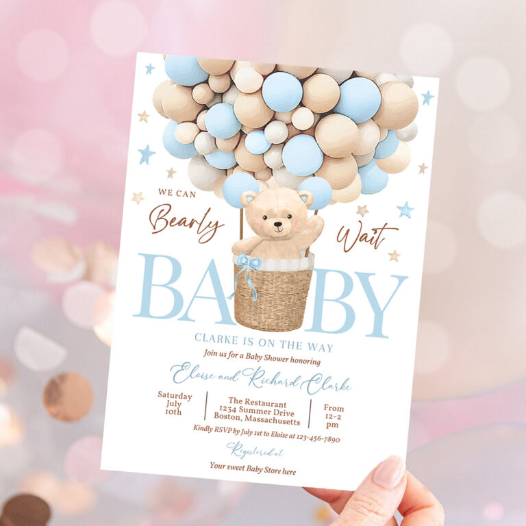 1 Editable Teddy Bear Hot Air Balloon Baby Shower Invitation Boy Blue Teddy Bear Baby Shower We Can Bearly Wait Shower Instant Download 4H 1