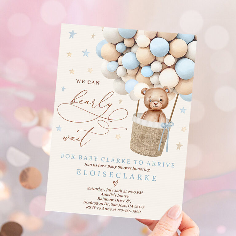 1 Editable Teddy Bear Hot Air Balloon Baby Shower Invitations Boy Blue Teddy Bear Baby Shower We Can Bearly Wait Shower Instant Download JE 1