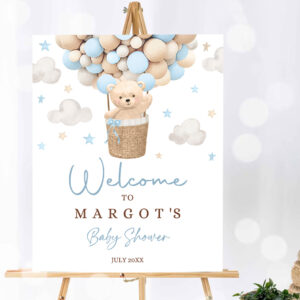 1 Editable Teddy Bear Hot Air Balloon Baby Shower Welcome Sign Boy Blue Teddy Bear Baby Shower We Can Bearly Wait Shower Instant Download 4H 1