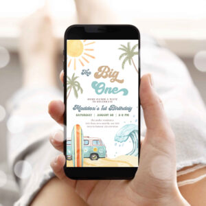1 Editable The Big One Surf 1st Birthday Evite Retro Surfboard Beach Party Wave Surfer Boho Invite Phone Download Template