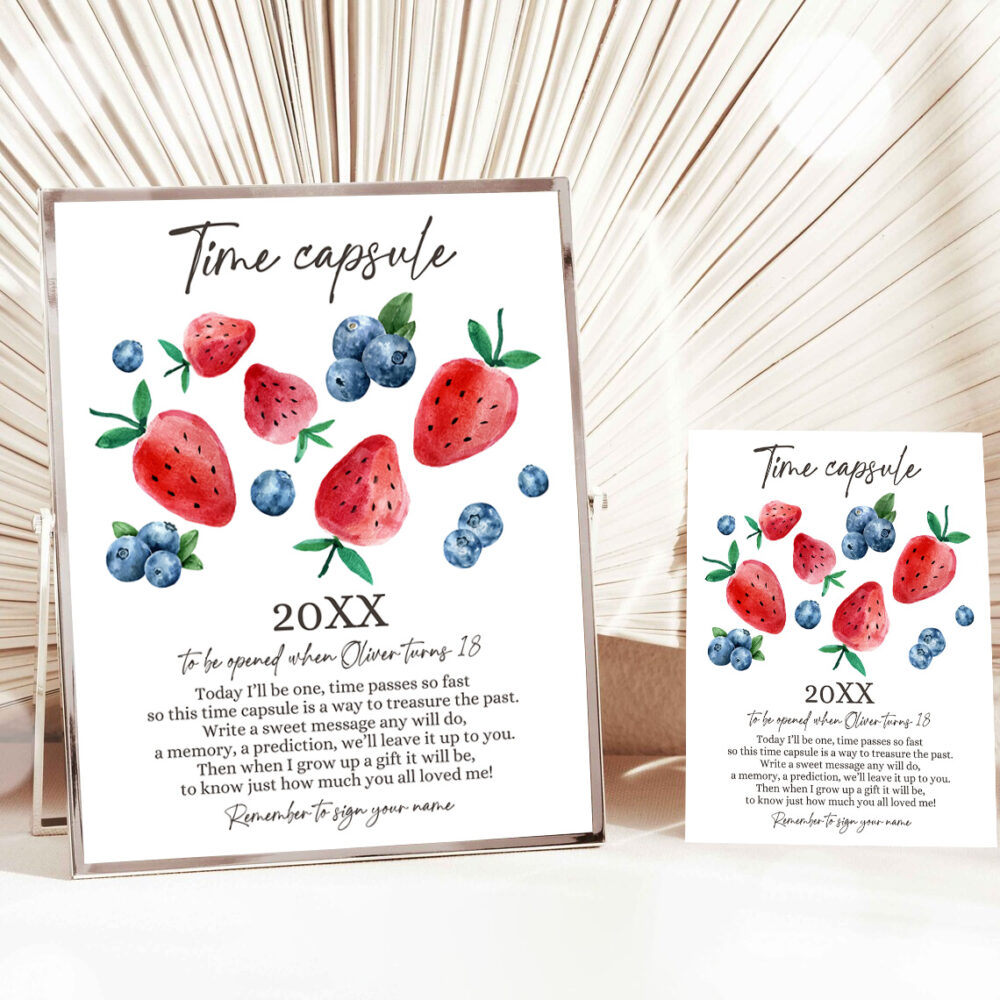1 Editable Time Capsule Berry First Birthday Strawberry Blueberry Party Decorations Berry Sweet Party Girl Boy Template Printable Corjl 0399 1