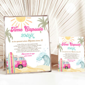 1 Editable Time Capsule Surf First Birthday Party Design Surfing Decorations The Big One Girl Pink Beach Wave Retro Template Printable Corjl 0433 1
