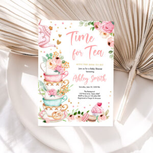 1 Editable Time For Tea Baby Shower Invitation Tea Party Sprinkle Shower Floral Pink Gold Blush Baby is Brewing Corjl Template Printable 0349 1