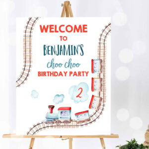 1 Editable Train Birthday Welcome Sign Boy Train Party Railroad Vintage Train Sign Welcome Transportation Template PRINTABLE Corjl 0149 1