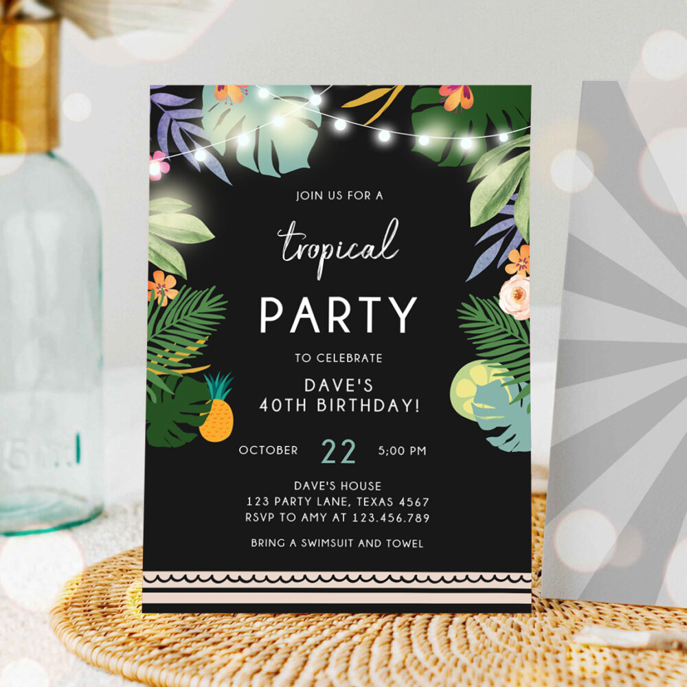 1 Editable Tropical Birthday Invitation Tropical Party Adult Birthday Man Woman Palm Leaves Hawaiian Party Invite