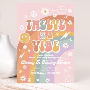 1 Editable Twelve Is A Vibe Groovy Birthday Party Invitation Peace Love Party Rainbow Hippie Groovy 70s 12th Birthday 1