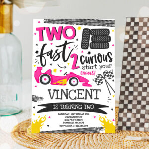 1 Editable Two Fast Birthday Invitation Dark Pink Two Fast Race Car 2nd Birthday Party Invite Two Fast 2 Curious Pink Race Car Party 1