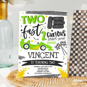 1 Editable Two Fast Birthday Invitation Green Two Fast Race Car 2nd Birthday Party Two Fast 2 Curious Green Race Car Party 1