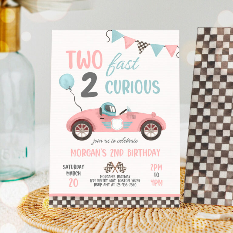 1 Editable Two Fast Birthday Invitation Pink Two Fast Girl Pink Race Car 2nd Birthday Party Two Fast 2 Curious Race Car Party 1