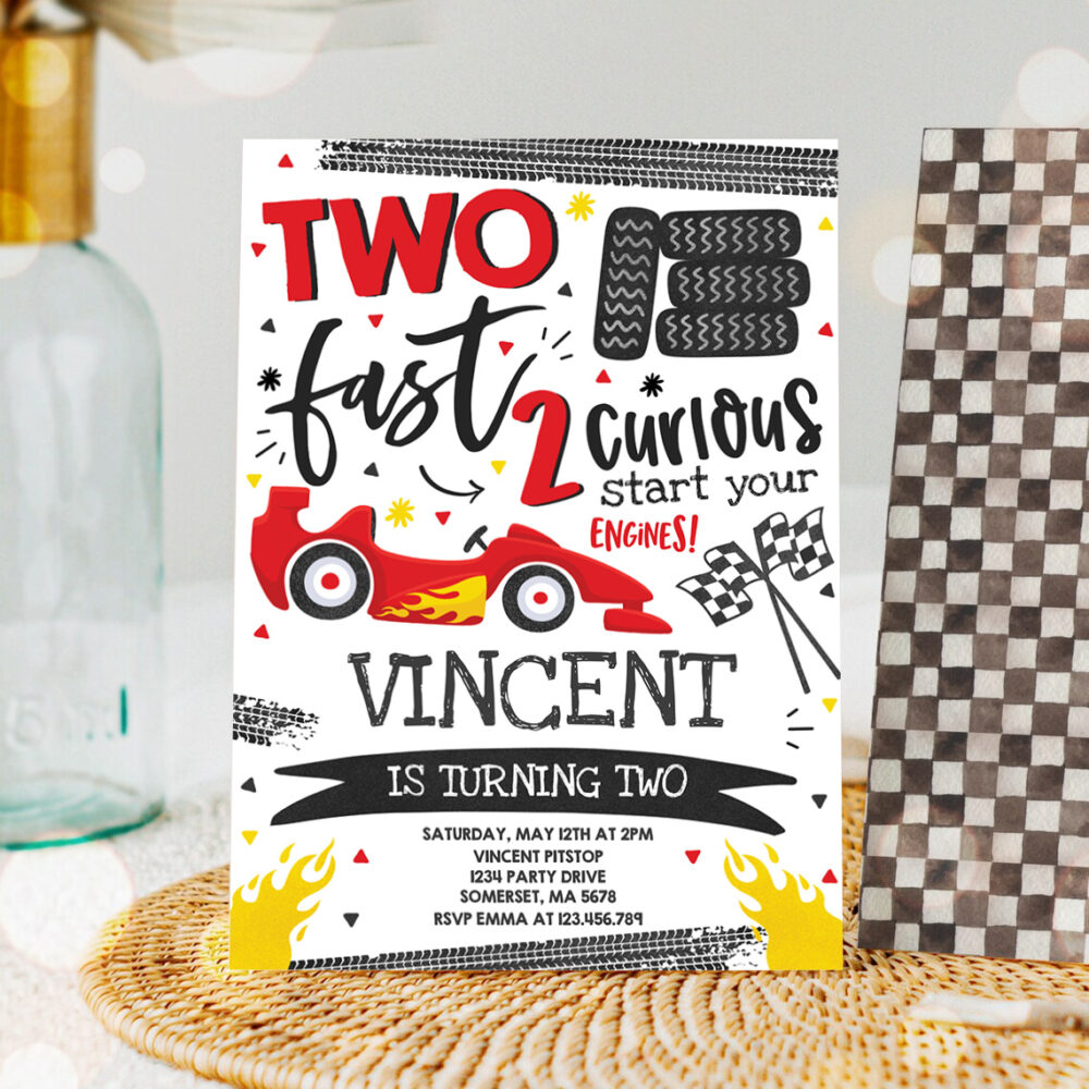 1 Editable Two Fast Birthday Invitation Red Two Fast Boy Race Car 2nd Birthday Party Invite Two Fast 2 Curious Race Car Party 1