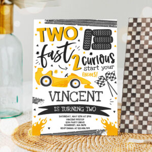1 Editable Two Fast Birthday Invitation Yellow Two Fast Race Car 2nd Birthday Party Invite Two Fast 2 Curious Yellow Car Party 1