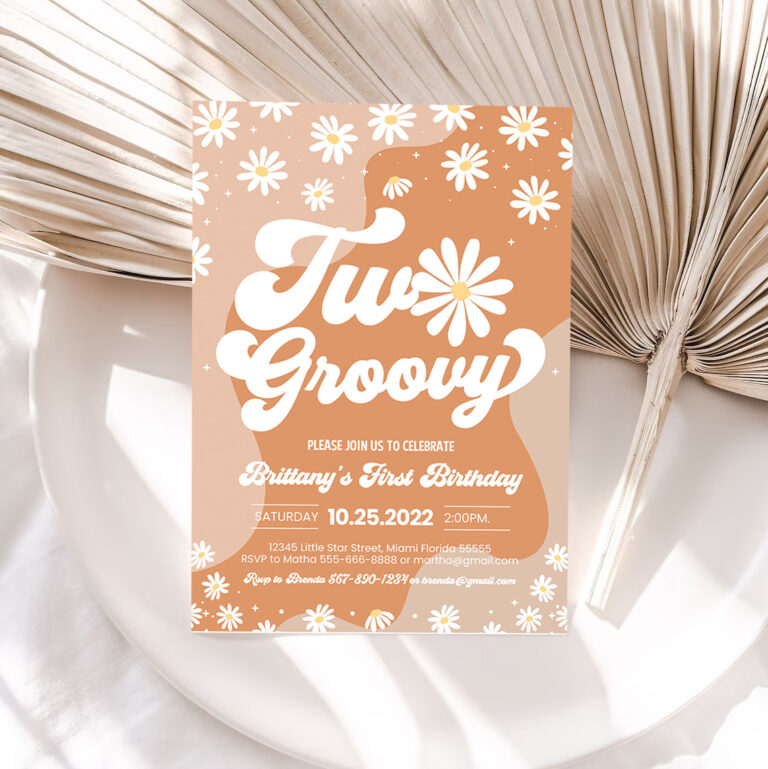 1 Editable Two Groovy 2nd Birthday Party Invitation Boho Retro Groovy Hippie Floral 70s Birthday Party Daisy Hippie Party 1