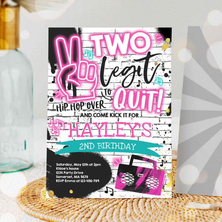 1 Editable Two Legit To Quit Birthday Party Invitation White Pink Two Legit To Quit 2nd Birthday Girl Pink Hip Hop 2nd Birthday Party 1