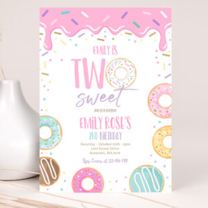 1 Editable Two Sweet Donut Birthday Party Invitation Pink Pastel Donut Two Sweet 2nd Birthday Donut 2nd Birthday Party 1
