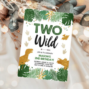 1 Editable Two Wild Birthday Invitation Dinosaur Dino Party Boy 2nd Second Birthday Green Gold In Two the Wild Corjl Template Printable 0146 1