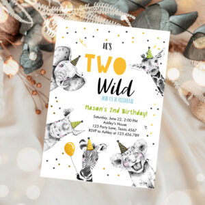 1 Editable Two Wild Birthday Invitation Safari Animals Party Animals Boy Green Gold Second Birthday 2nd Confetti Corjl Template Printable 0390 1