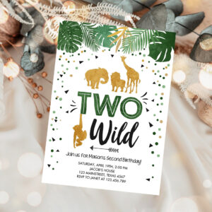 1 Editable Two Wild Birthday Invitation Safari Animals Party Jungle Zoo Animals Boy Gold Confetti Green Download Printable Corjl Template 0016 1