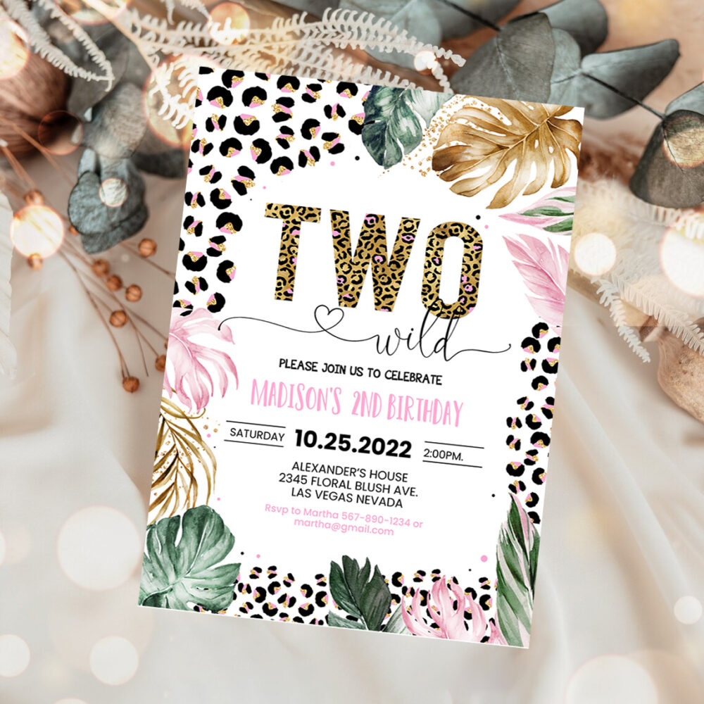 1 Editable Two Wild Leopard Print Jungle Birthday Party Invitation Leopard Print Invite Born Two Wild Template 1