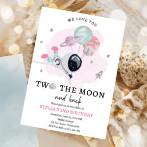 1 Editable Two the Moon Outer Space Birthday Invitation Out of this World Astronaut Blue Silver Girl Second 2nd Corjl Template Printable 0366 1