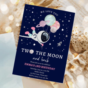 1 Editable Two the Moon Outer Space Birthday Party Invitation Out of this World Astronaut Blue Silver Girl Second 2nd Corjl Template Printable 0366 1