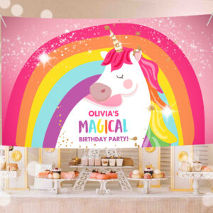 1 Editable Unicorn Backdrop Banner Pink Unicorn Birthday Girl Magical Unicorn Party Decorations Rainbow Download Corjl Template Printable 0323 1