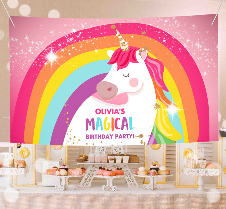 1 Editable Unicorn Backdrop Banner Pink Unicorn Birthday Girl Magical Unicorn Party Decorations Rainbow Download Corjl Template Printable 0323 1