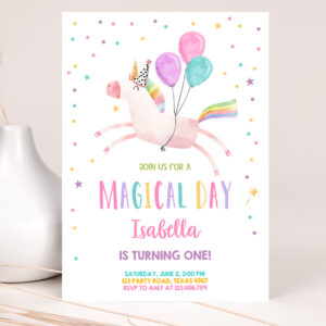 1 Editable Unicorn Birthday Invitation Magical Party Girl Pink First Birthday Digital Invite Template Rainbow Download Corjl 0336 1