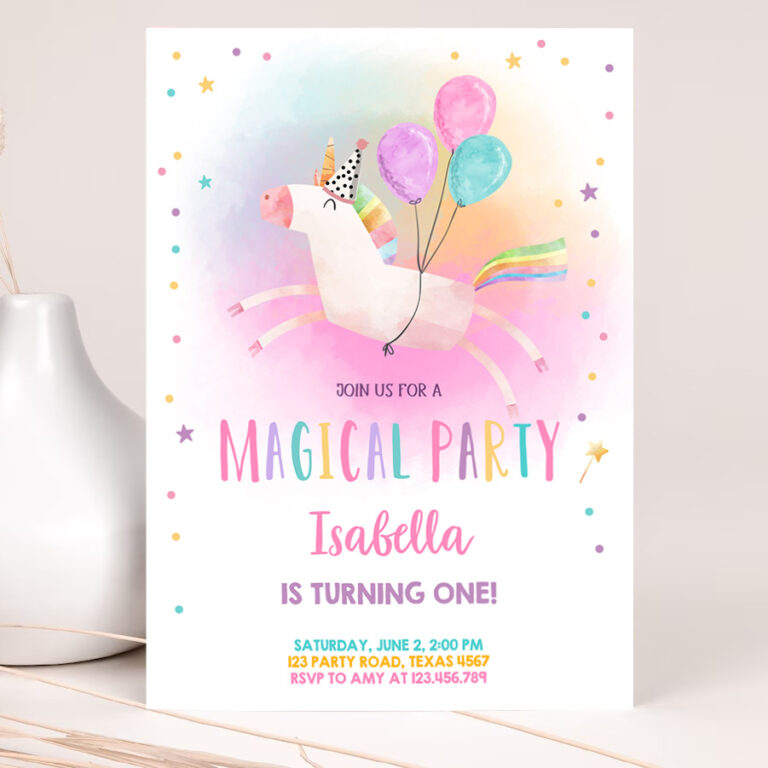 1 Editable Unicorn Birthday Invitation Magical Party Invite Girl Pink First Birthday Digital Invite Template Rainbow Download Corjl 0336 1